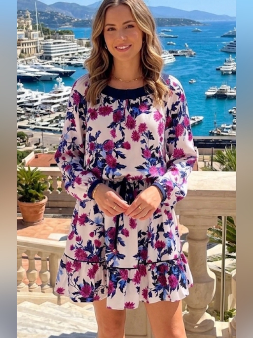 🎀Juicy Couture Floral Print Long Sleeve Ruffle Hem Dress blu&Pink size XS SILK